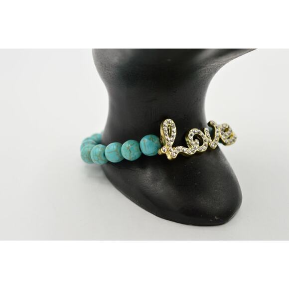 Stretchy Bracelet Faux Turquoise Beaded Rhinestone LOVE Cursive Valentine BinO - Picture 10 of 11
